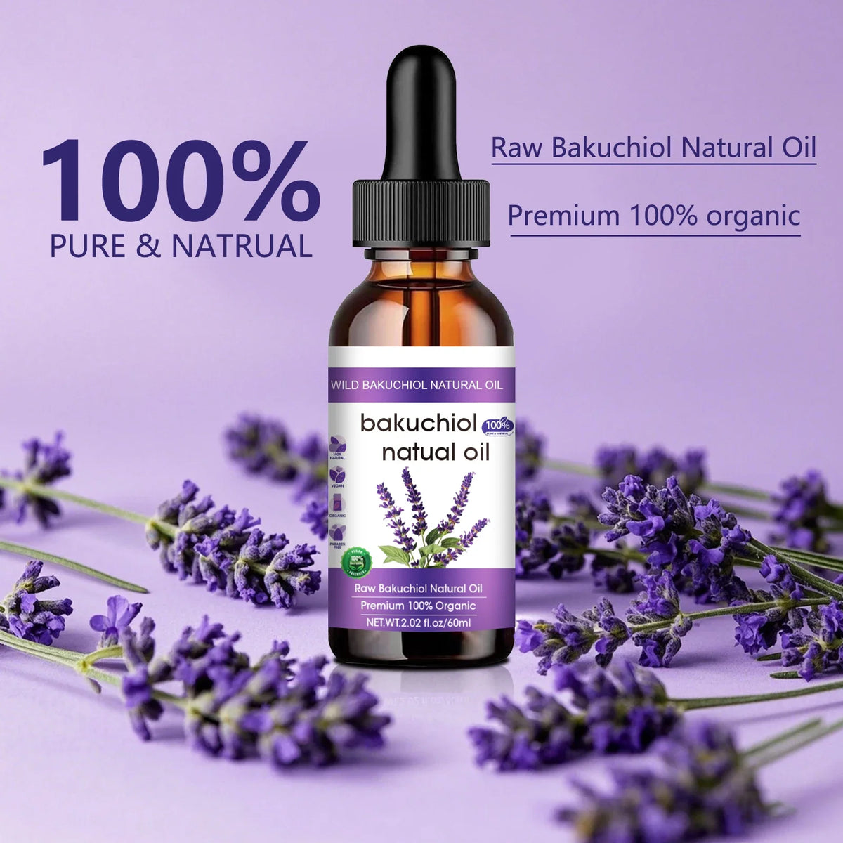 Botanical Anti-Aging Face Oil 60ml - Bakuchiol & Lavender Formula, Natural Retinol Alternative for Radiant Skin.