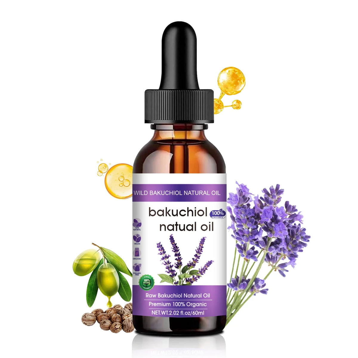 Botanical Anti-Aging Face Oil 60ml - Bakuchiol &amp; Lavender Formula, Natural Retinol Alternative for Radiant Skin.