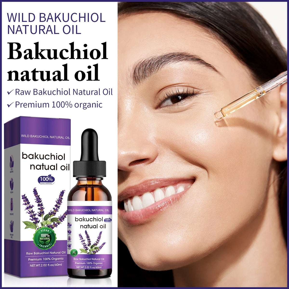 Botanical Anti-Aging Face Oil 60ml - Bakuchiol &amp; Lavender Formula, Natural Retinol Alternative for Radiant Skin.