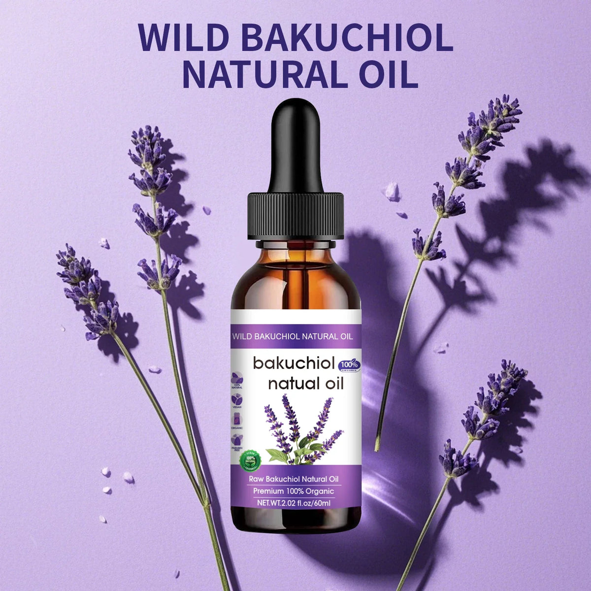 Botanical Anti-Aging Face Oil 60ml - Bakuchiol &amp; Lavender Formula, Natural Retinol Alternative for Radiant Skin.